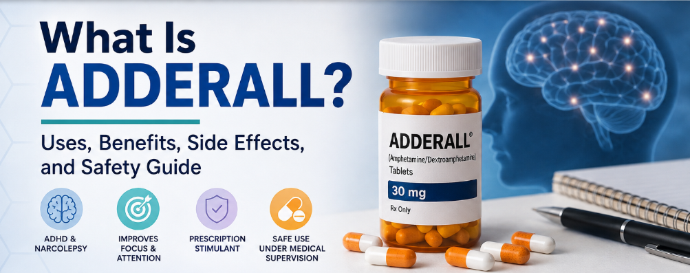 Adderall overview illustration explaining how amphetamine/dextroamphetamine helps improve focus, attention, and impulse control for people with ADHD under medical supervision.