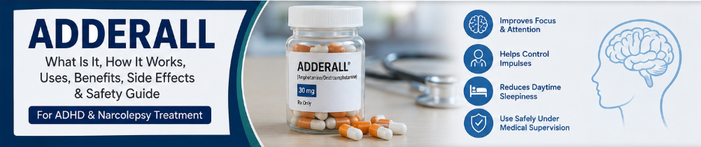 What Is Adderall? Uses, Benefits, Side Effects, and Safety Guide infographic showing prescription stimulant medication for ADHD and narcolepsy.