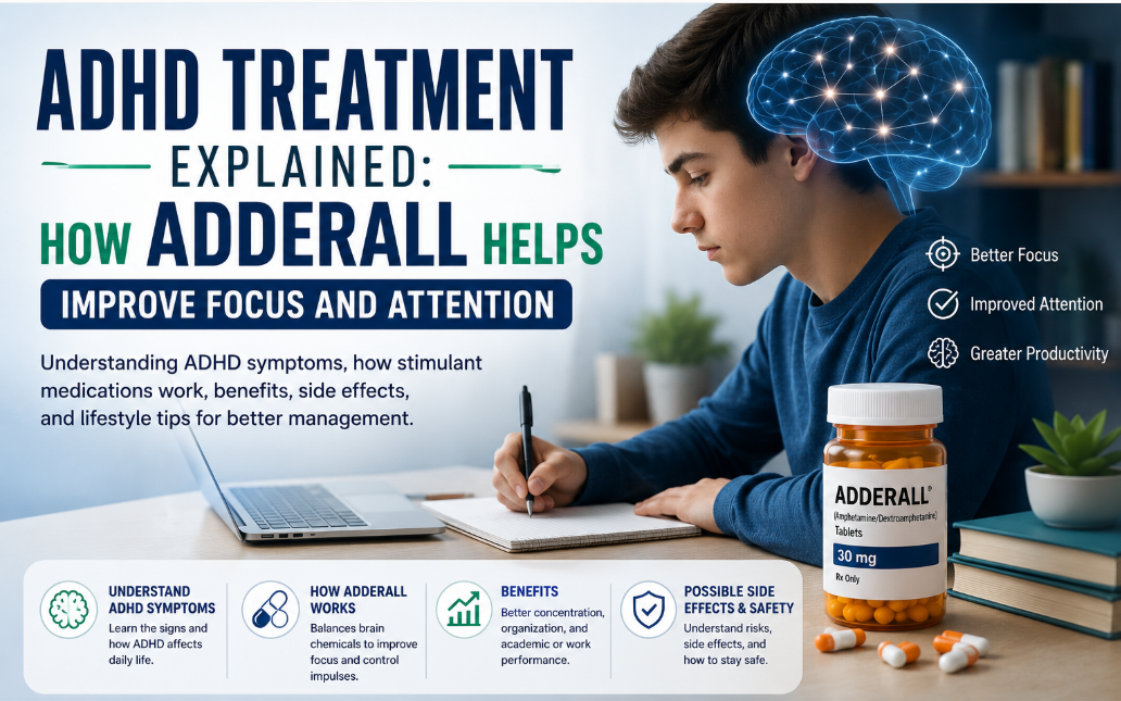 Illustration showing how Adderall supports focus and concentration in adults and children with ADHD as part of a comprehensive treatment plan.