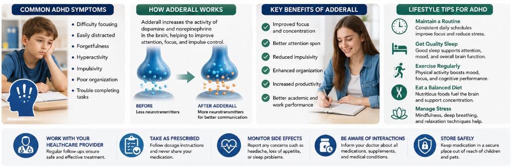 Healthcare infographic comparing ADHD symptoms with the benefits of Adderall treatment, including improved focus, organization, and impulse control.