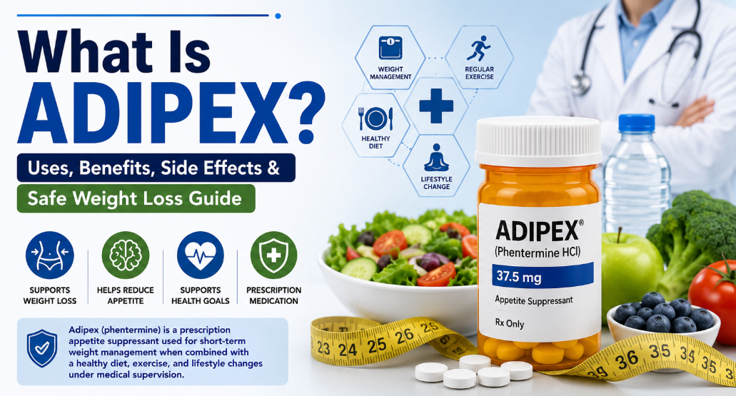 Adipex (phentermine) weight loss guide infographic featuring prescription medication information, healthy foods, exercise, and key safety recommendations.