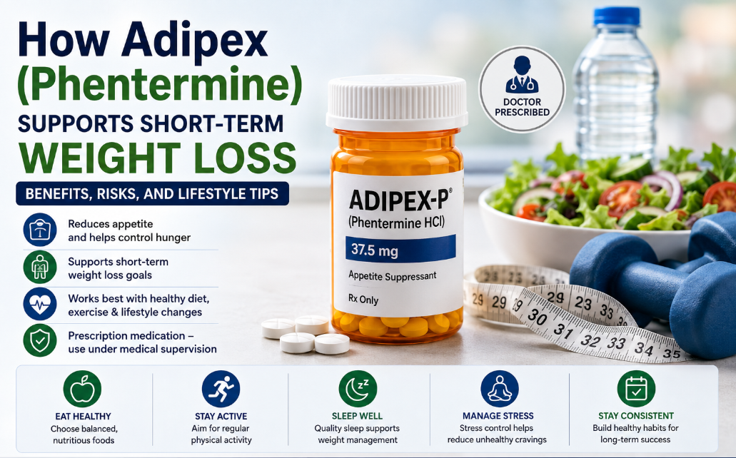 Healthcare infographic featuring Adipex-P (phentermine), healthy foods, exercise equipment, and wellness habits that support safe and effective short-term weight loss.